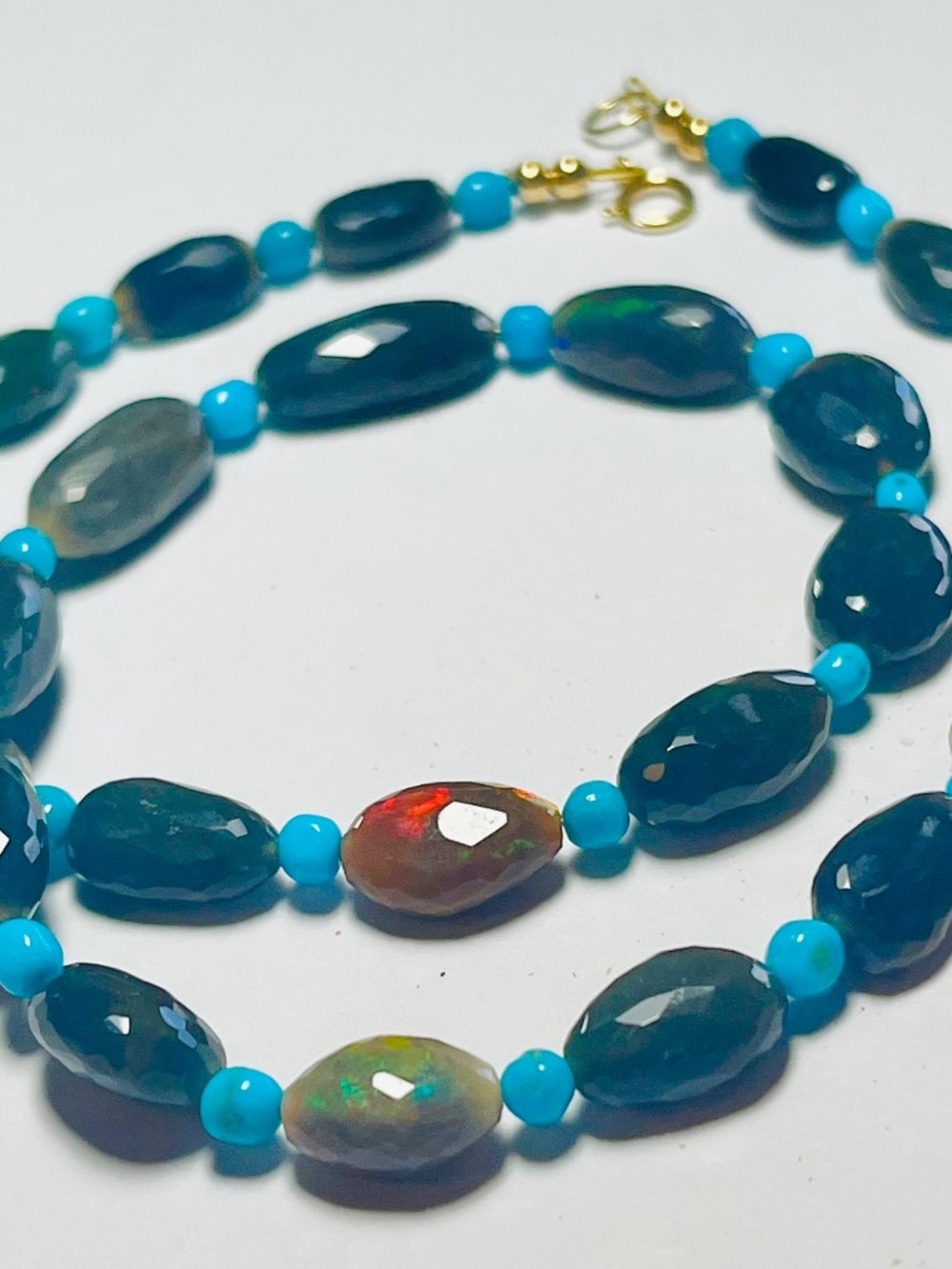 14k Gold Black Opal Sleeping Beauty Turquoise Beaded 17 Inch Necklace